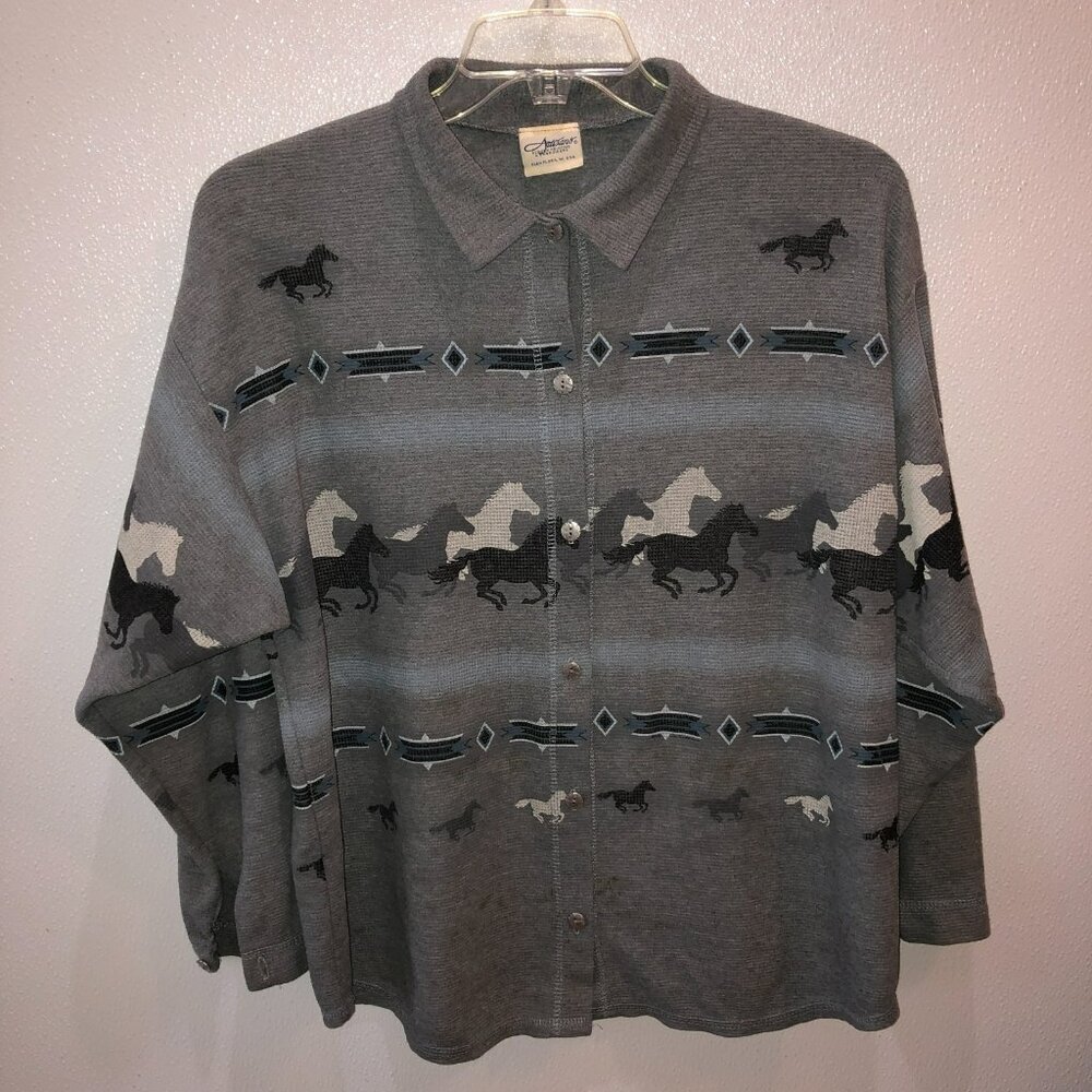 Vintage Artisans Womens 2X Gray Aztec Horse Ponies Long Sleeve Button Up Shirt - Picture 4 of 8
